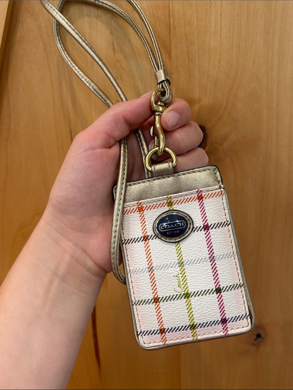 Coach ID Lanyard with Garden Plaid Print in White & Gold